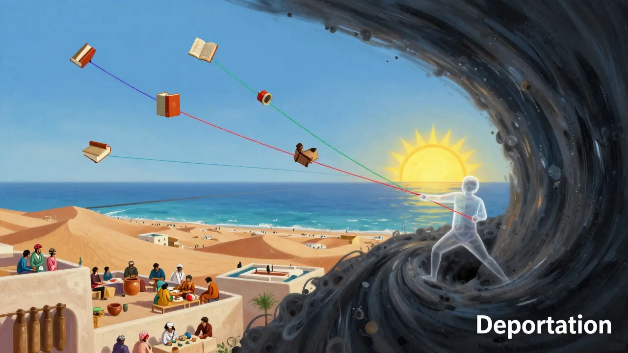 A person is pulled into a dark vortex labeled 'Deportation' while colorful threads of cultural activities rise toward sunrise.