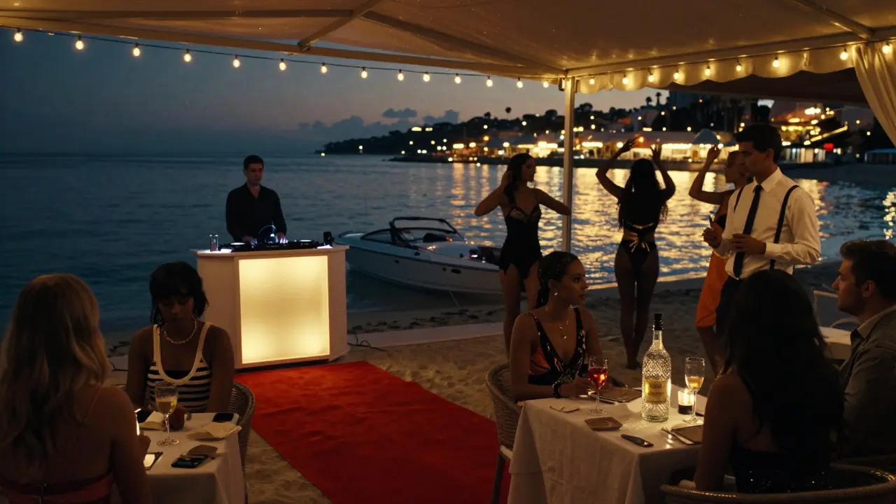 A private beach club at midnight with a red carpet, champagne, and silhouetted dancers under starlit skies.