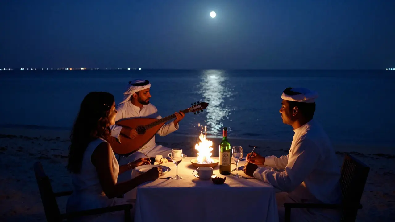 A private beach dinner under the stars with firelight, a bottle of fine wine, and an oud player in the shadows.