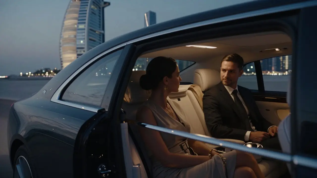 A private car cruising along Jumeirah Beach at dusk with a client and escort inside, windows tinted.