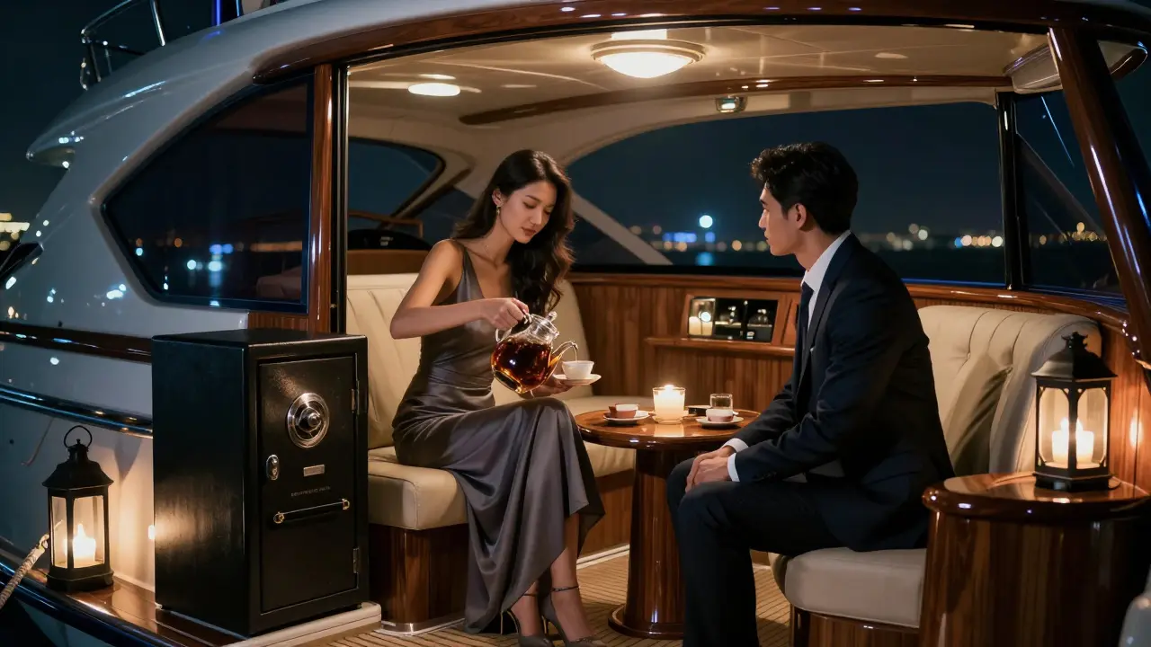 A private yacht interior at night with elegant tea service and no electronic devices visible.