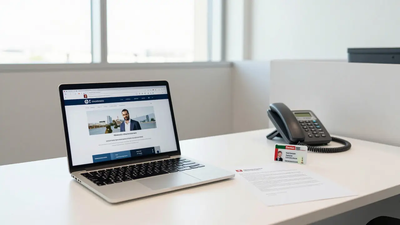 A professional agency office with a UAE ID and contract on a desk, no encrypted apps visible.
