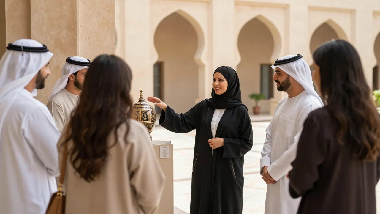 A professional hostess guiding guests through an art exhibition in a grand palace courtyard.