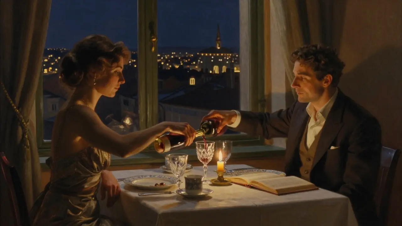 A quiet private dinner in a Brera rooftop apartment, candlelight reflecting on wine and china.