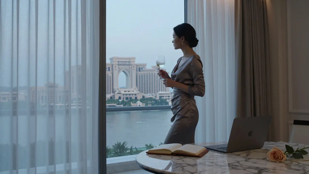 A refined woman in a luxury hotel suite, standing by a window with wine and a closed laptop, exuding quiet professionalism.