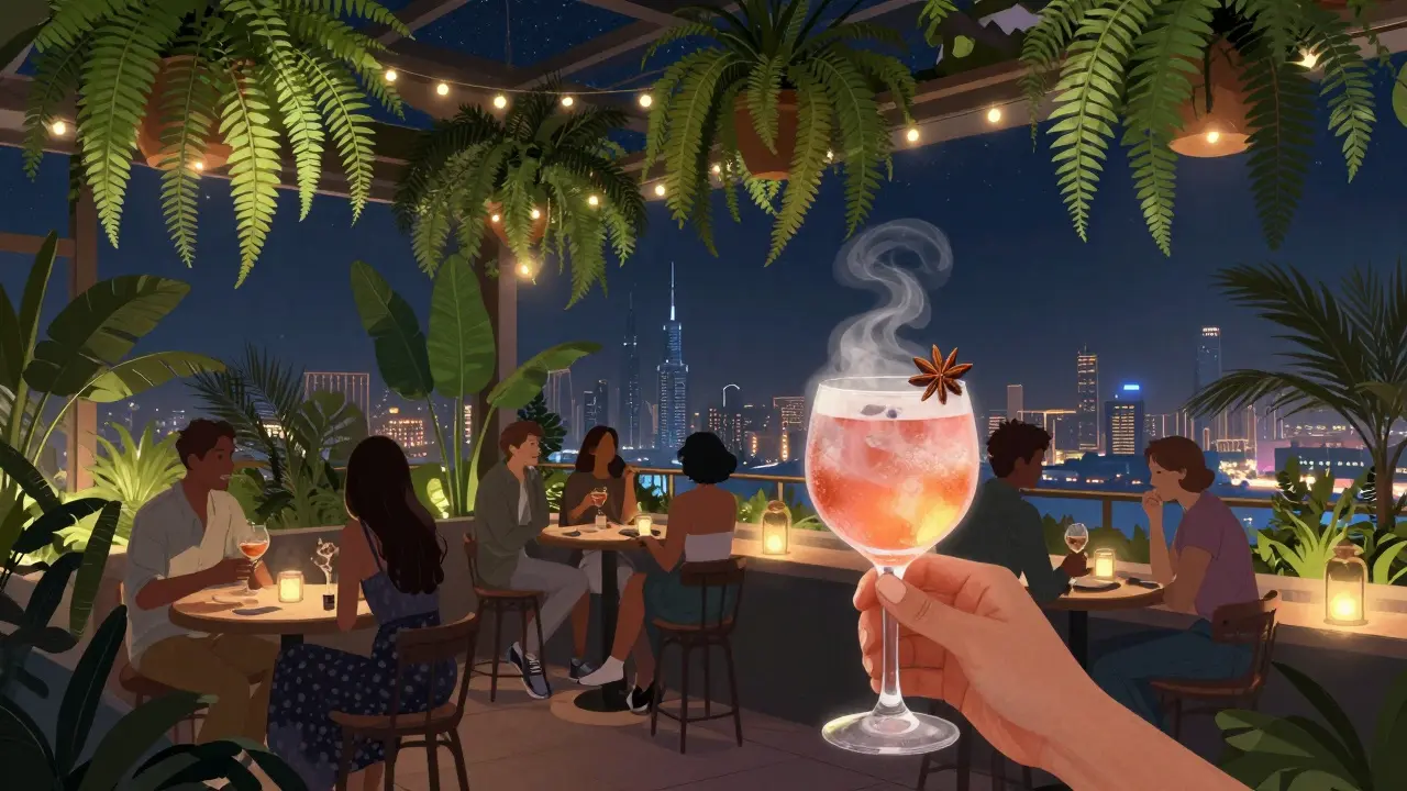 A rooftop greenhouse bar with hanging plants and string lights, guests sipping unique cocktails under Dubai's night sky.