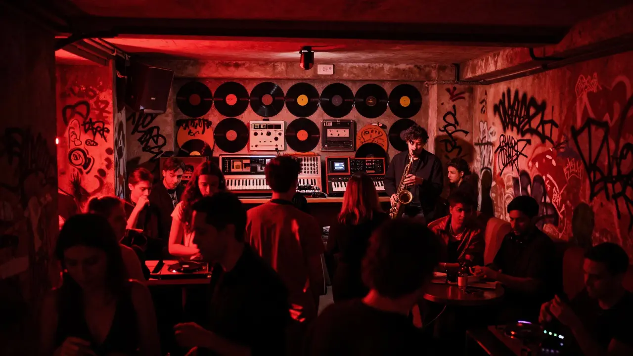 A secret techno club in Paris at night, crowd immersed in bass, saxophone playing softly in the shadows.