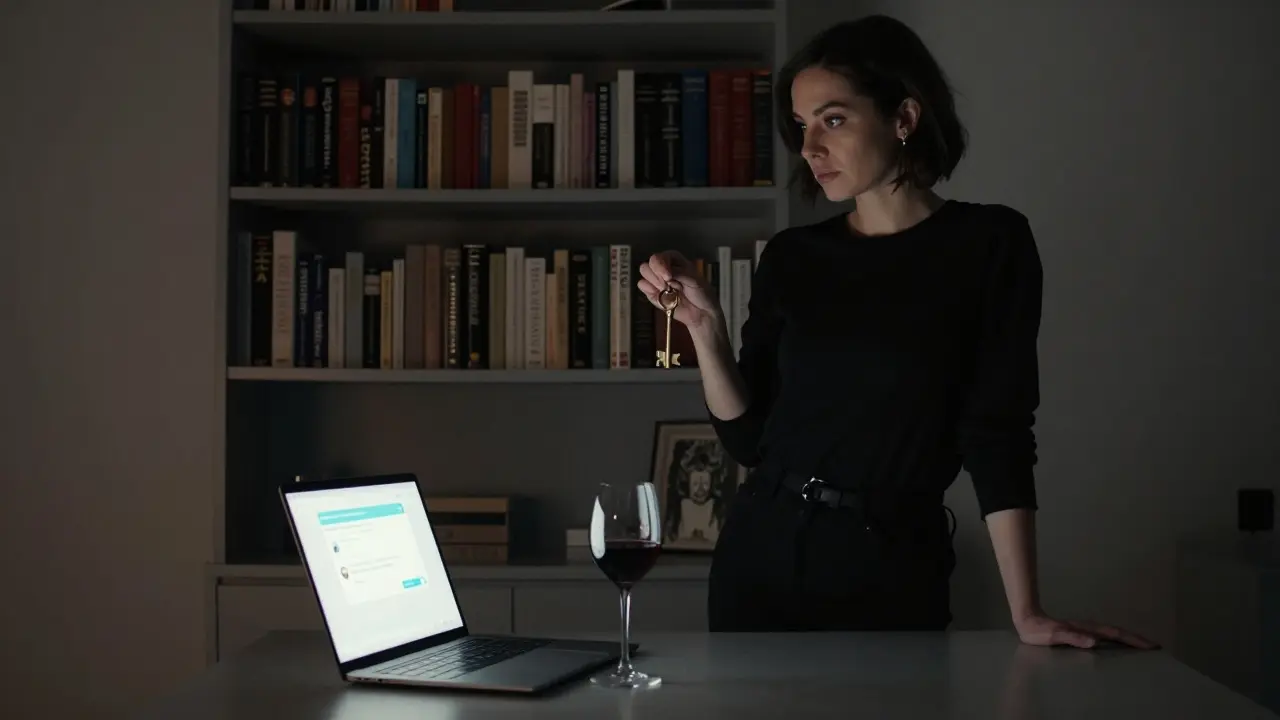 A silhouette of a woman in a Brera apartment beside art books, an encrypted message glowing on a laptop.