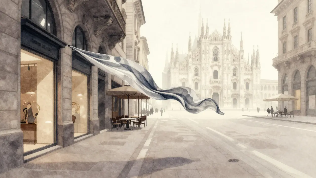 A silk scarf drifts through empty Milan streets at dawn, symbolizing the unseen presence of a companion.