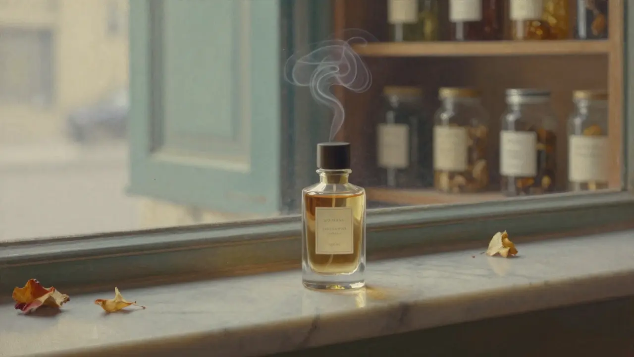 A small unlabeled perfume bottle on a marble windowsill with soft mist and dried petals around it.