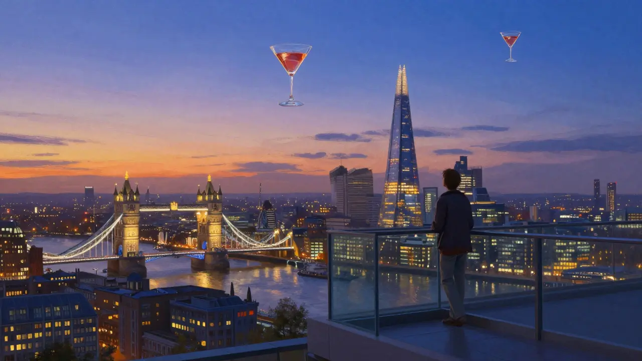 A solitary figure enjoys a panoramic view of London’s lit skyline from a high-rise garden bar at dusk.