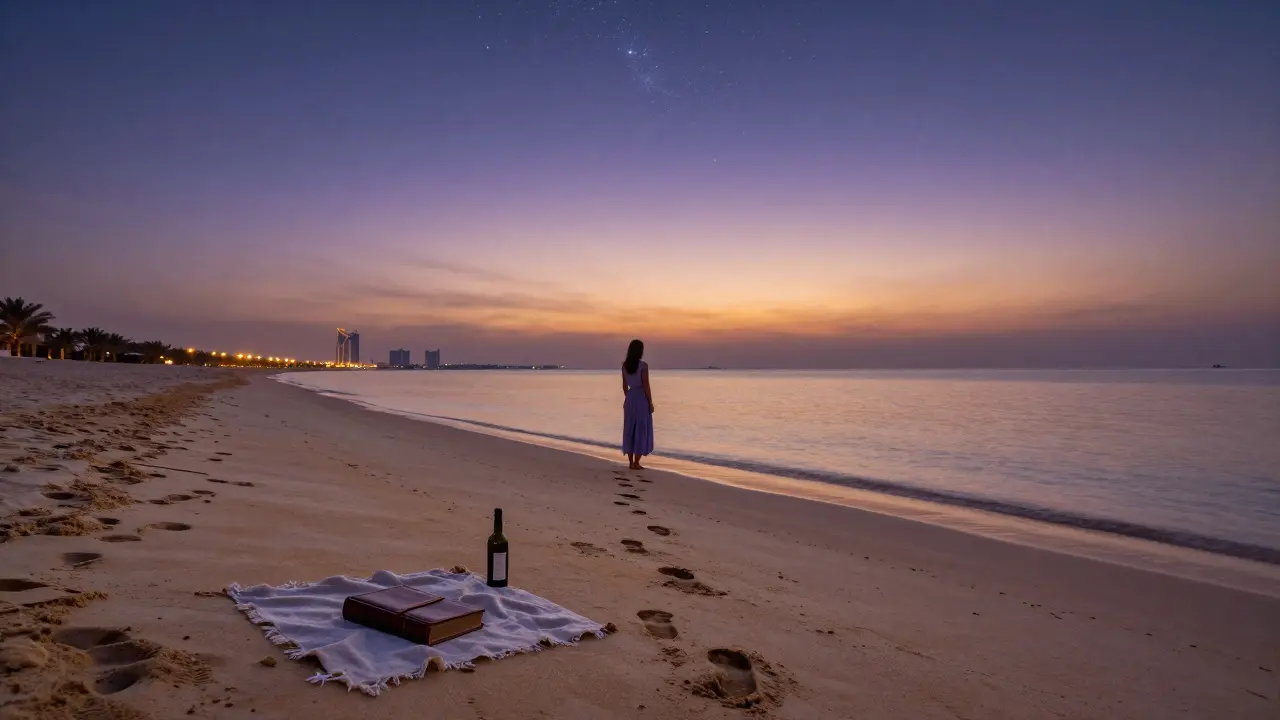 A solitary figure on a warm desert beach at sunset, stars emerging above the calm water.