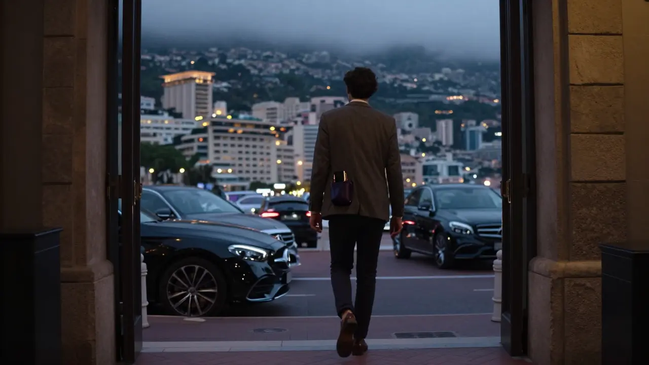A solitary figure walks away from a nightclub at dawn, phone secured, under the quiet glow of Monaco&#039;s hills.