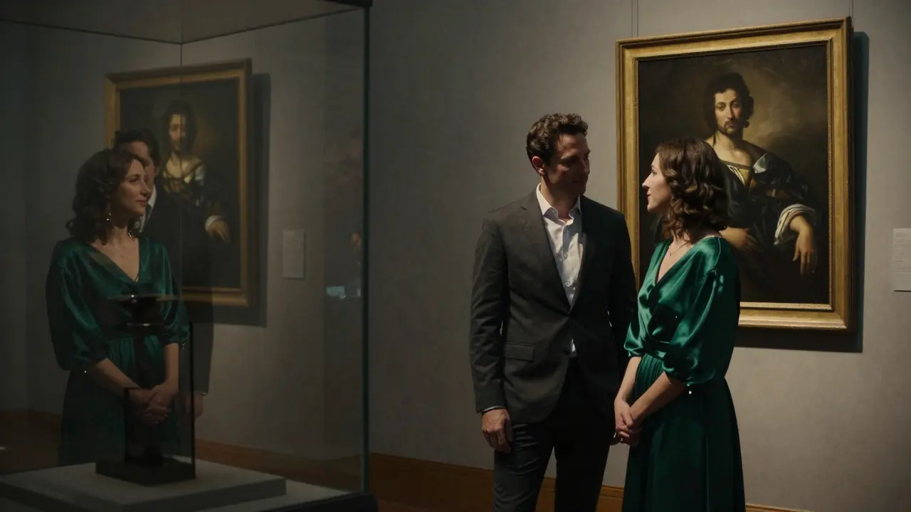 A sophisticated couple admires a Caravaggio painting in a private art gallery in Milan.