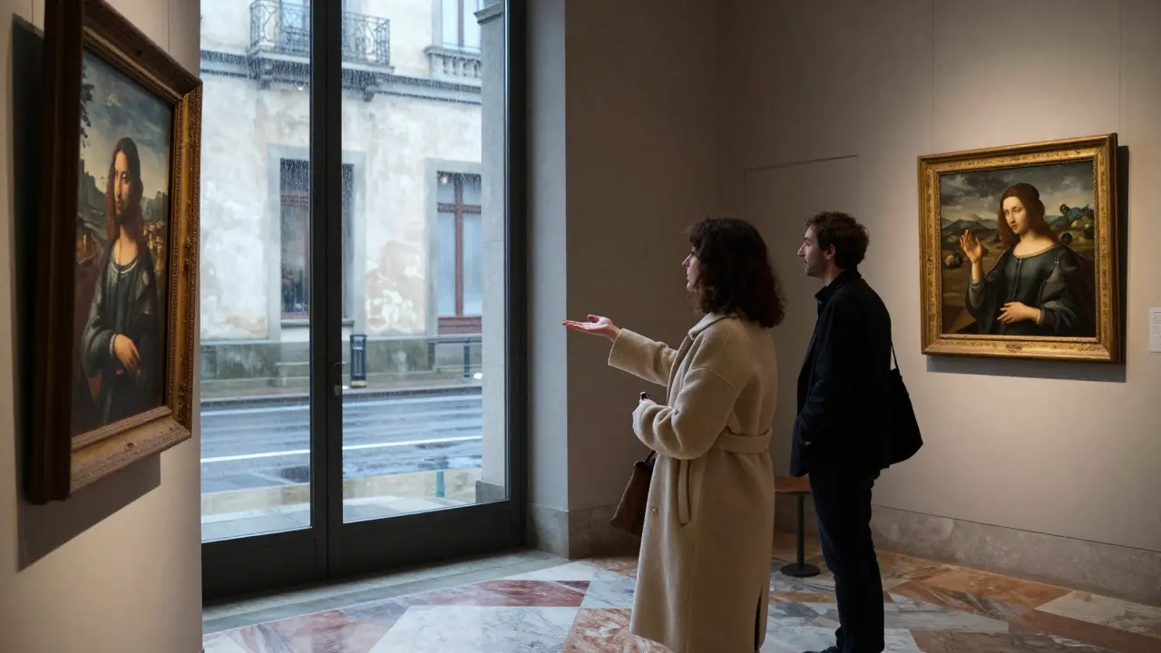 A woman guiding a client through a quiet Renaissance art gallery at the Pinacoteca di Brera.