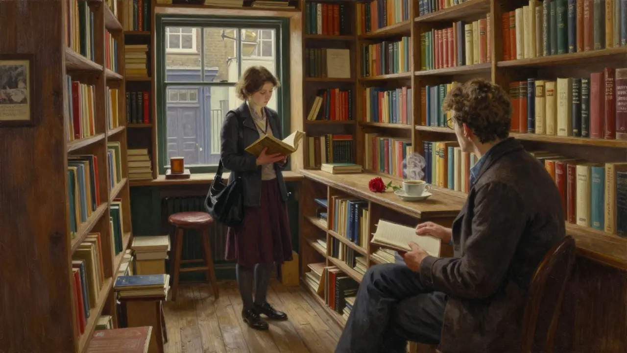 A woman holding a book in a cozy, cluttered bookstore with a single rose on the counter.