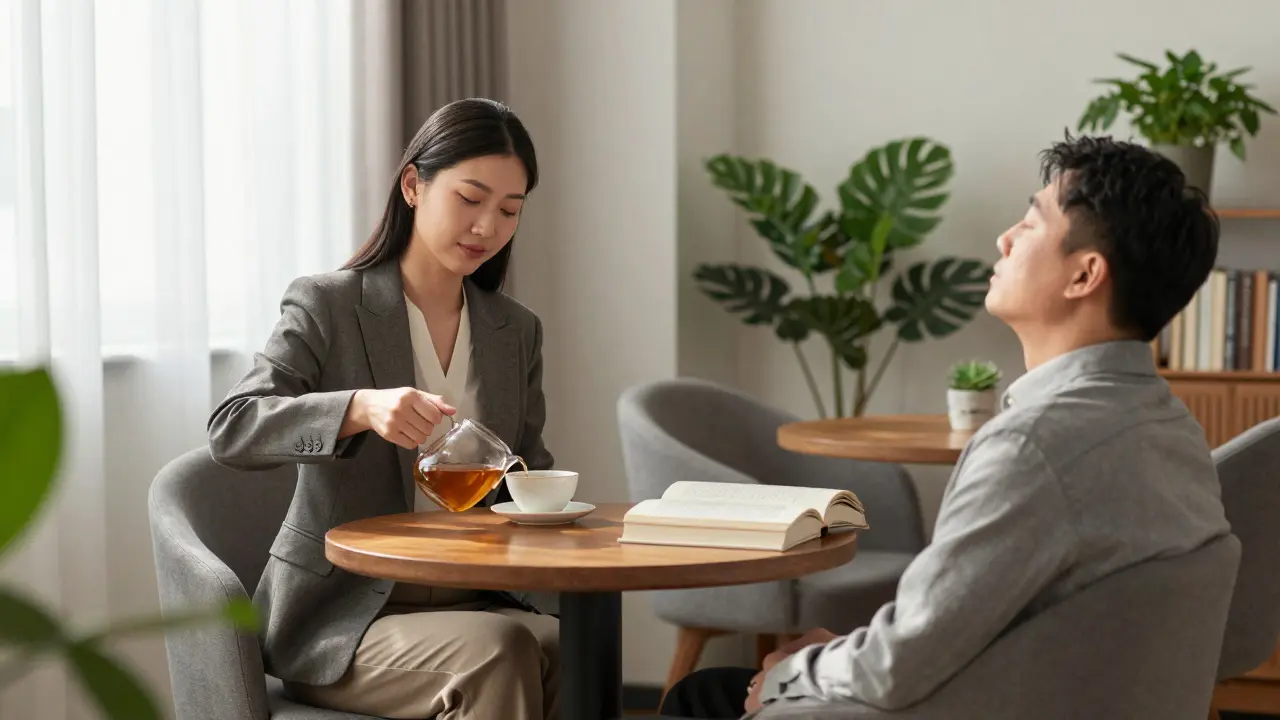A woman pours tea for a man in a peaceful co-working lounge, both engaged in silent, respectful connection.