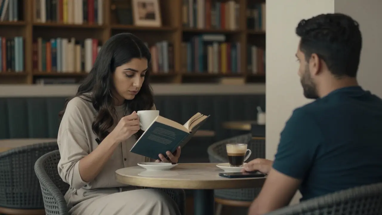 A woman reading quietly at The Bookworm café, unnoticed and unphotographed, in a serene, intellectual setting.