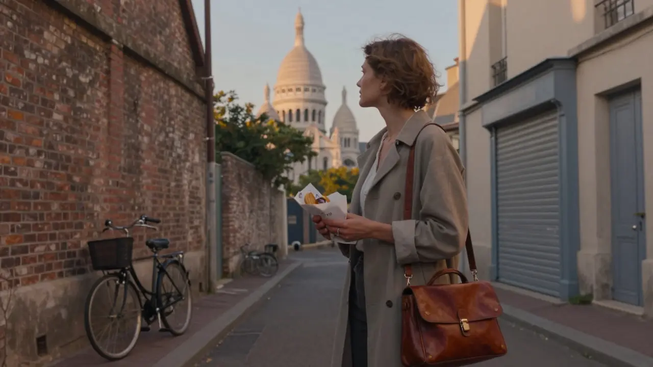 A woman stands in a quiet Montmartre alley at dusk, holding pastry, surrounded by timeless Parisian architecture.