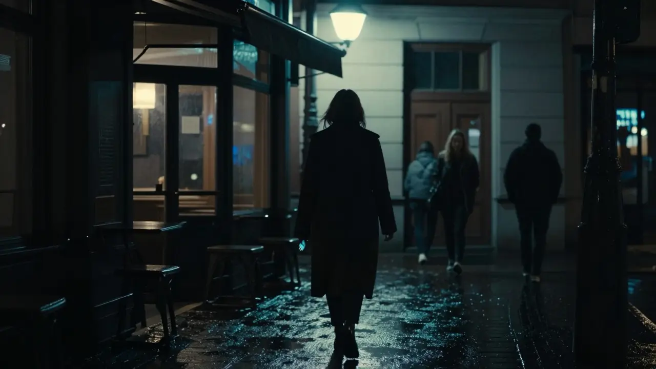A woman walks away from a café at night in Berlin, her silhouette framed by streetlight, rain glistening on pavement.