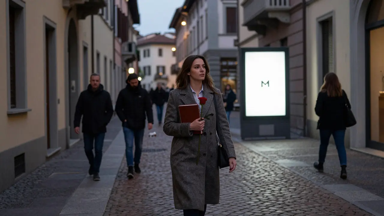 A woman walks confidently through Milan’s Brera district at dusk, holding a rose and notebook, as the city’s elegant architecture blends with discreet digital signage.