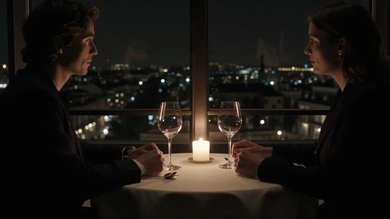 An elegant dinner setting at Le Jules Verne with candlelight and Paris skyline glowing beyond the window.