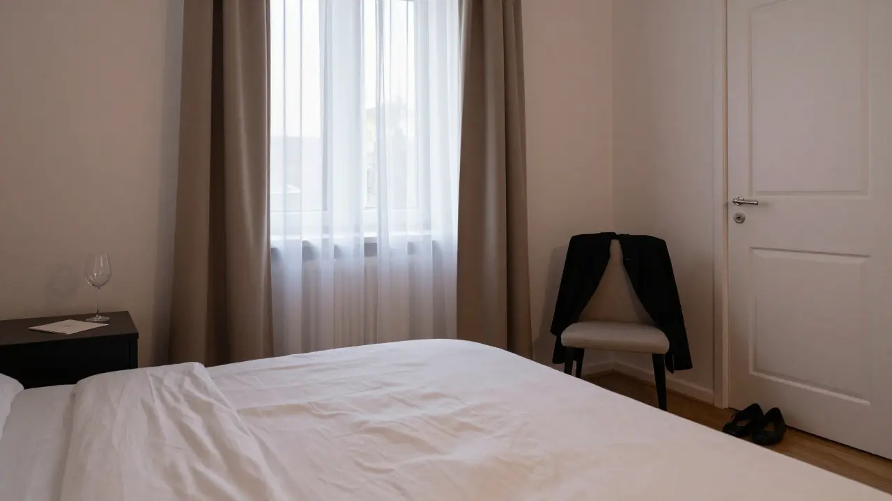 An empty Berlin Airbnb room at dawn, wine glass and folded note on nightstand, coat on chair, peaceful departure.