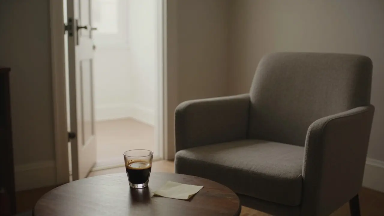 An empty chair beside a coffee cup and open door, suggesting quiet reliability and respectful boundaries.