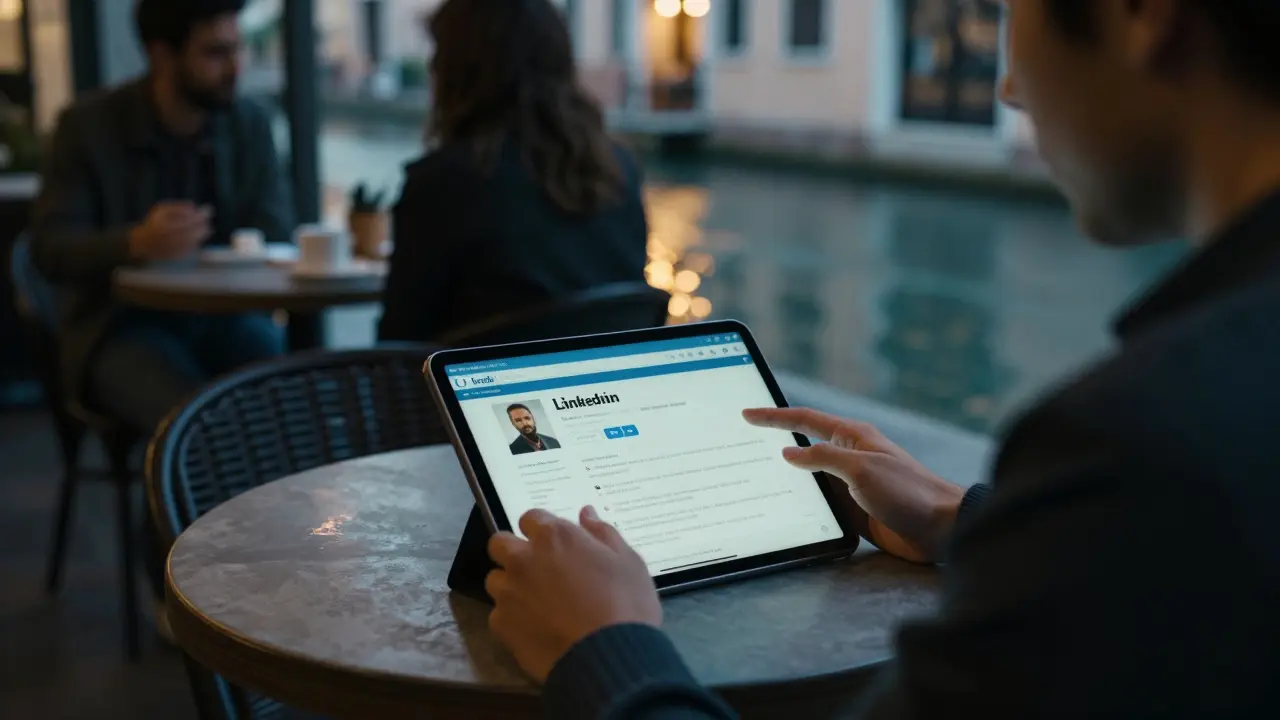 An escort screens a client's profile on a tablet at a Milan café, face hidden, canal lights reflecting on the screen.
