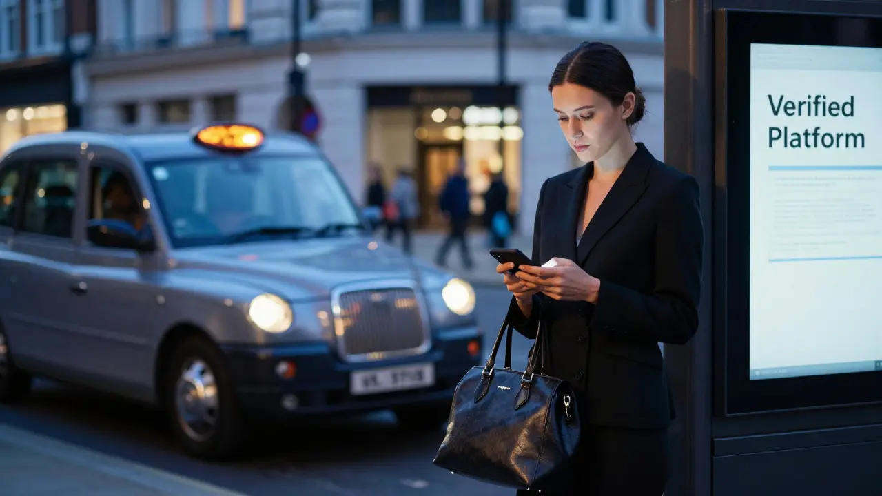 An escort waiting safely at a London street corner, checking a verified platform on their phone at dusk.