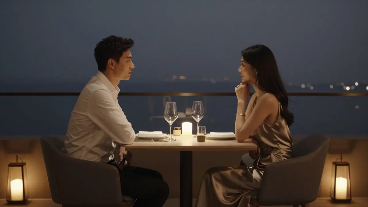 An intimate dinner at a high-end Dubai restaurant with soft lighting and city views.