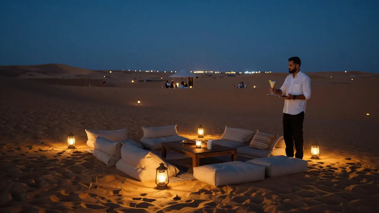 An open-air desert lounge at night with lanterns, cushions, and dunes under a starry sky.