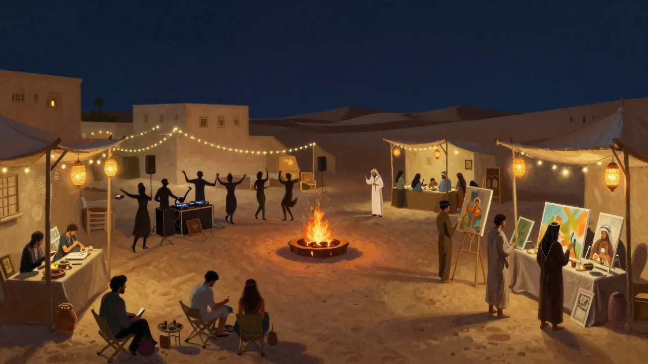 An open-air night market at midnight, with dancers, poets, and painters under lanterns, set against desert hills.