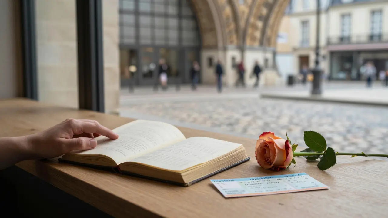 An open journal, rose, and train ticket rest on a wooden table, symbolizing a meaningful Parisian experience.