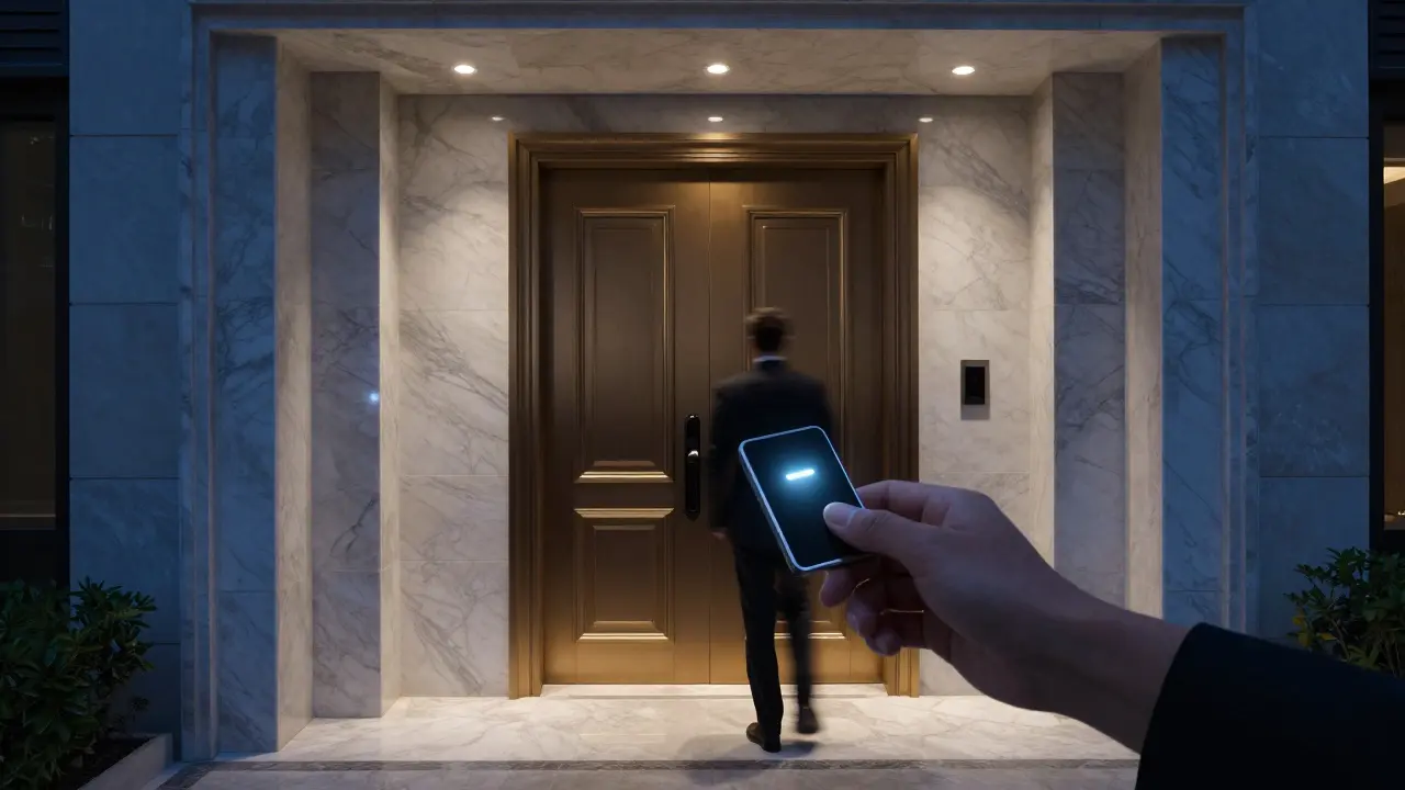 An unmarked luxury residence entrance at night with a glowing keycard, conveying discretion and exclusivity.