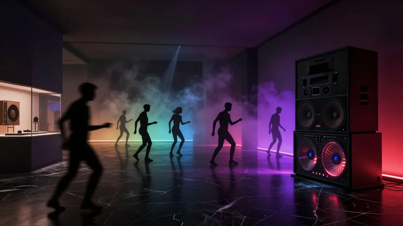 Armani/Silos club interior with pulsating lights and silhouetted dancers, minimalist architecture and glowing sound system.