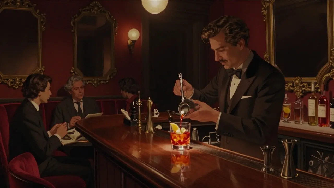 Bar Basso interior with bartender making a Negroni Sbagliato in dim, vintage lighting.