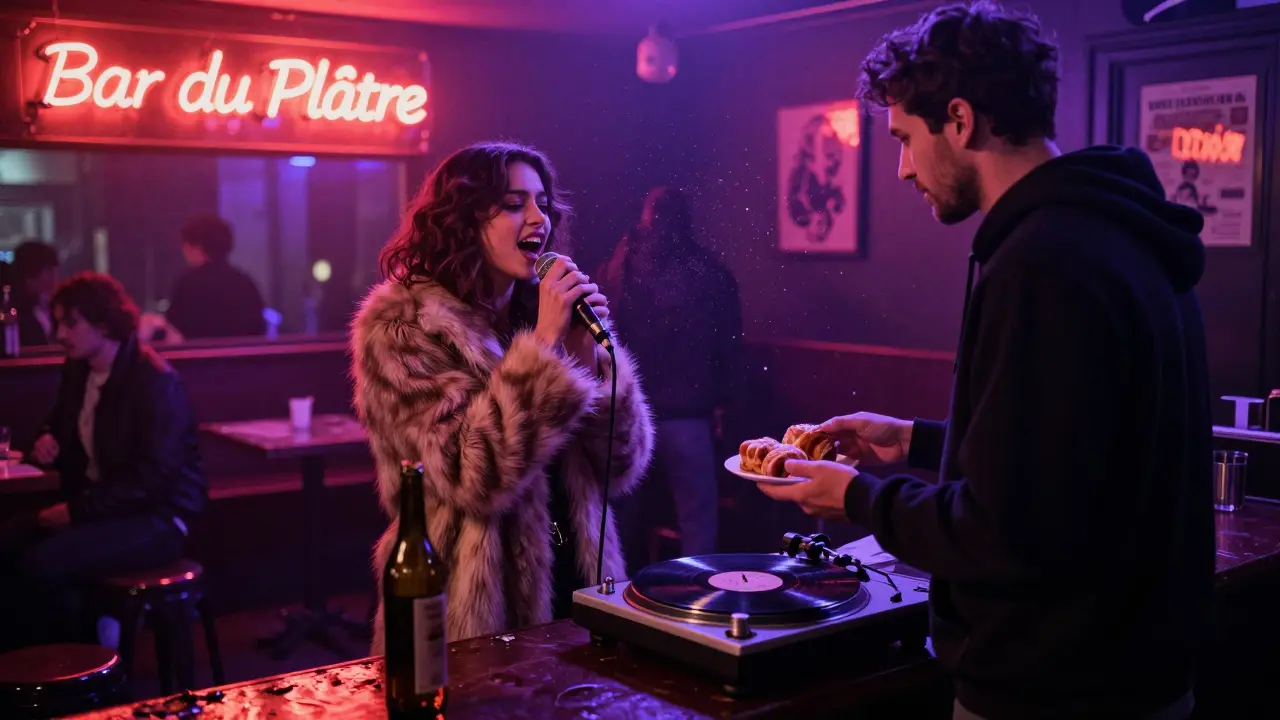 Chaotic yet intimate night scene in Oberkampf with people dancing, singing, and sharing food under neon lights.