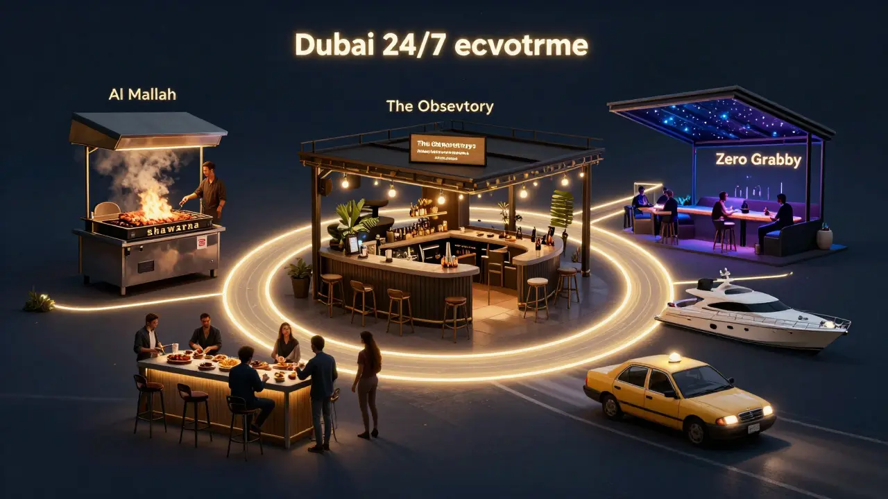 Collage of Dubai's 24/7 nightlife: shawarma grill, hidden bar, yacht club, and taxi under starlit sky.