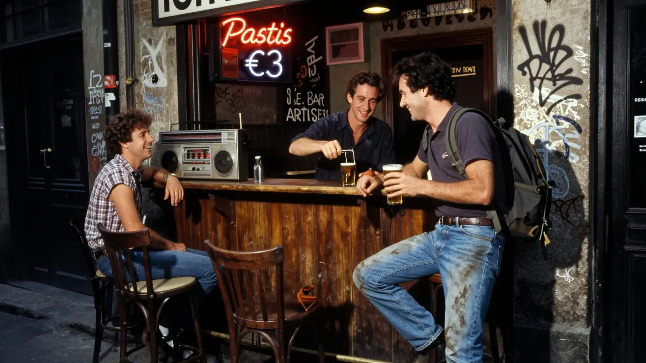 Cozy alley bar at night with jukebox and bartender pouring beer for a backpacker.