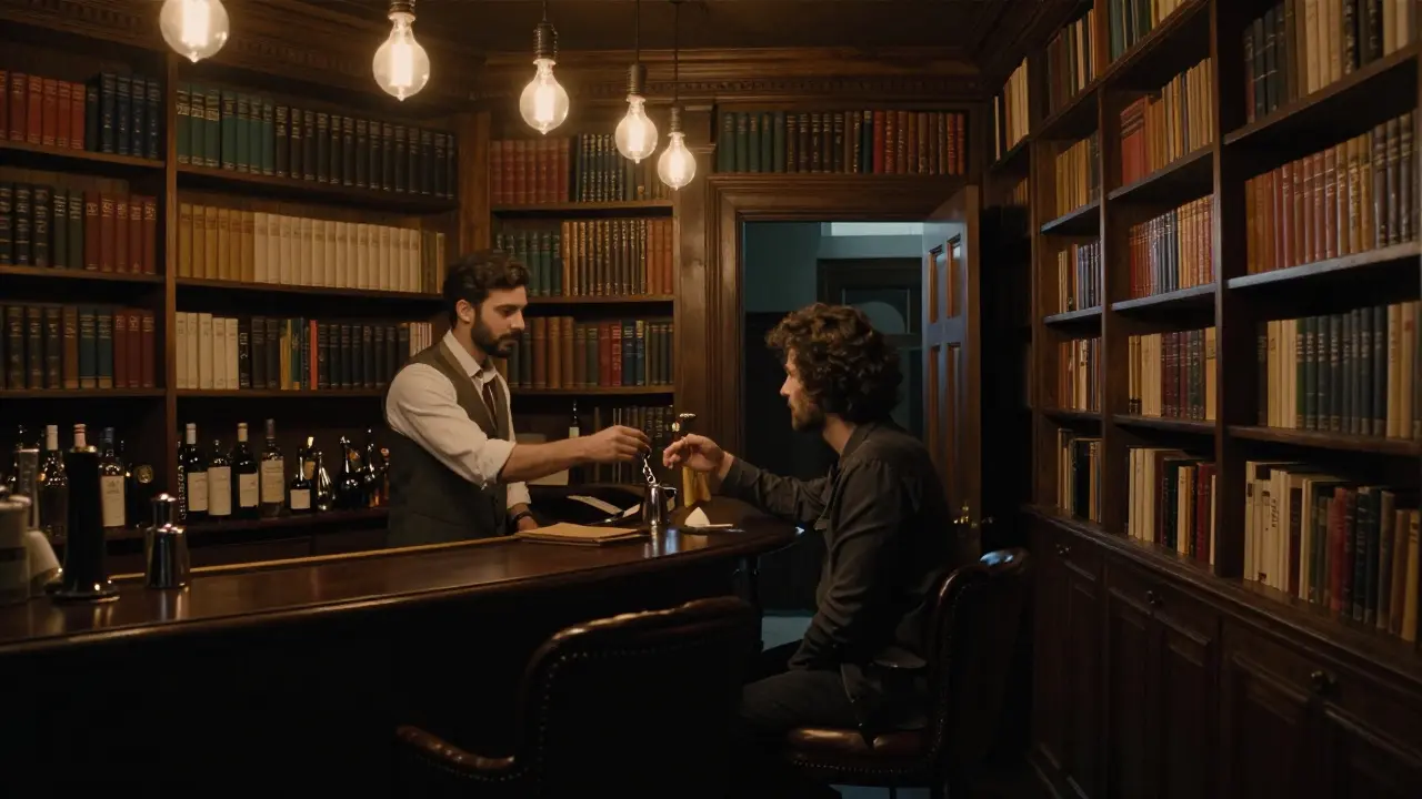 Cozy book-lined bar with a hidden room, bartender handing a key to a guest in Karaköy at night.