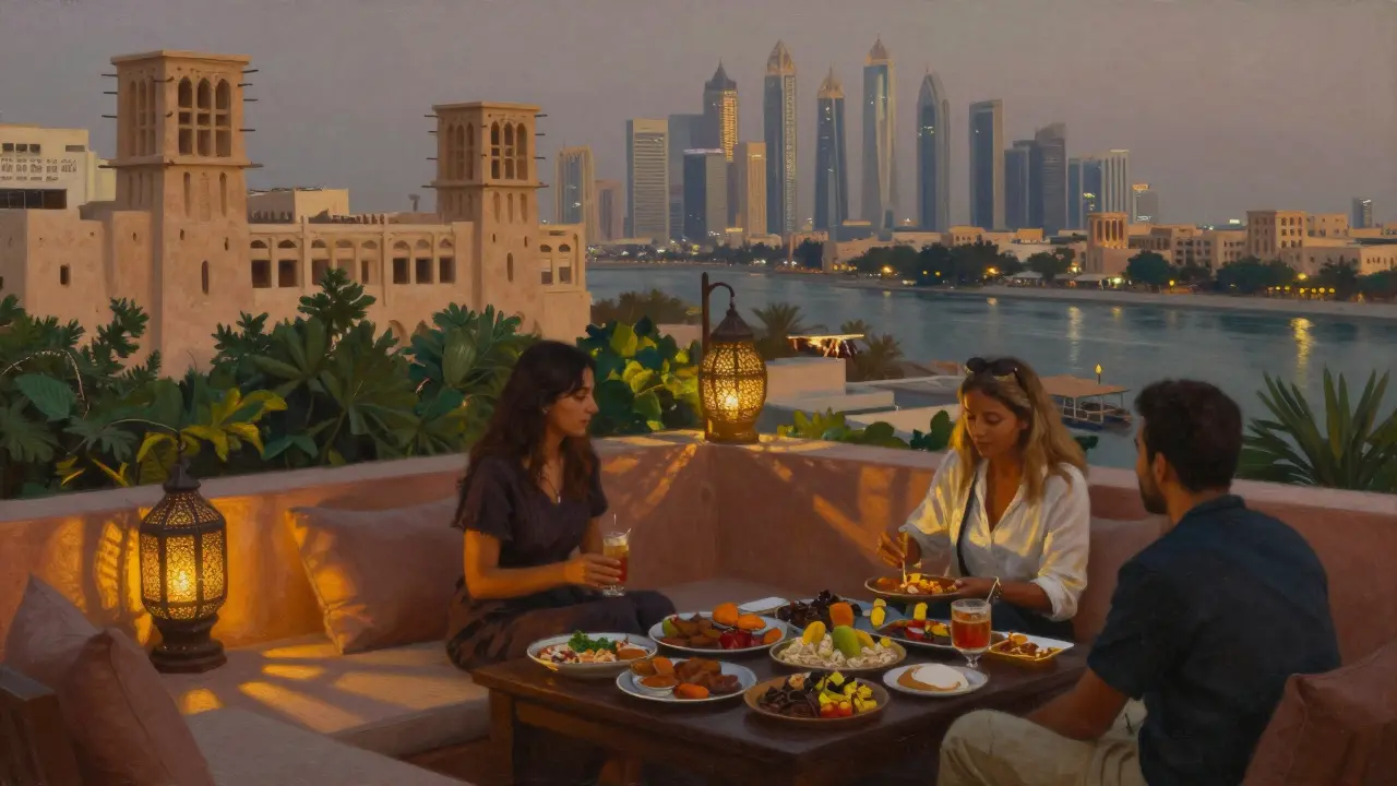 Cozy Middle Eastern-inspired rooftop lounge with lanterns, low seating, and view of historic Dubai Creek.
