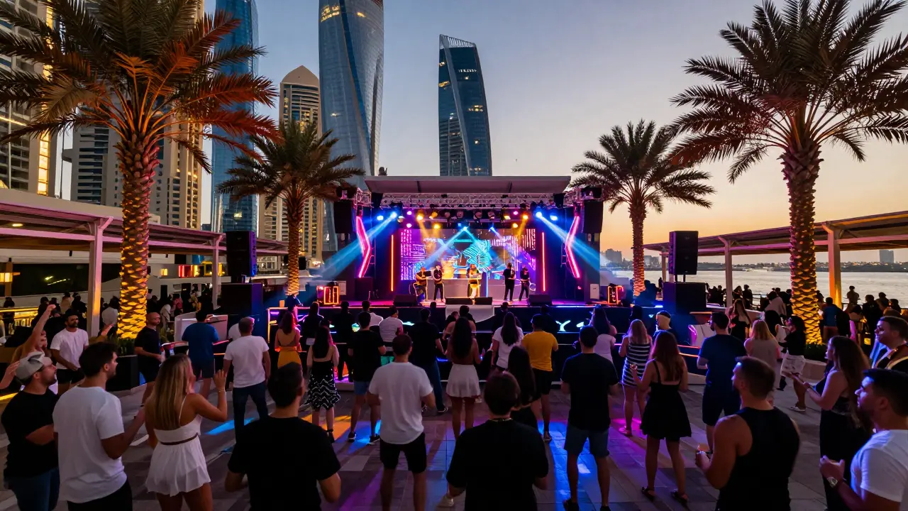 Crowd dancing at a neon-lit Dubai nightclub with a DJ on stage under strobe lights.