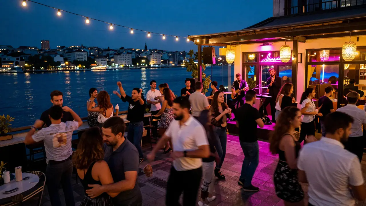 Crowd dancing on a rooftop bar in Beyoğlu with the Golden Horn glowing below under string lights and neon.