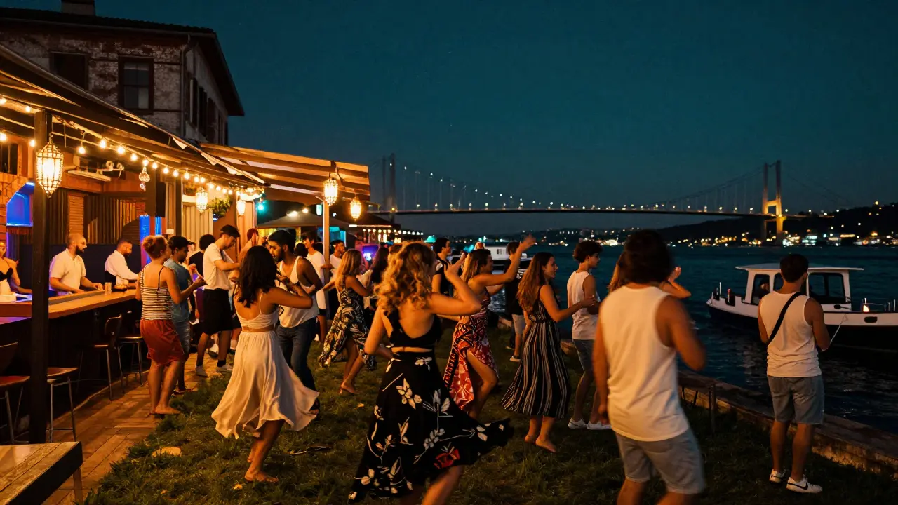 Crowd dancing on grass at Reina nightclub by the Bosphorus under string lights and lanterns.