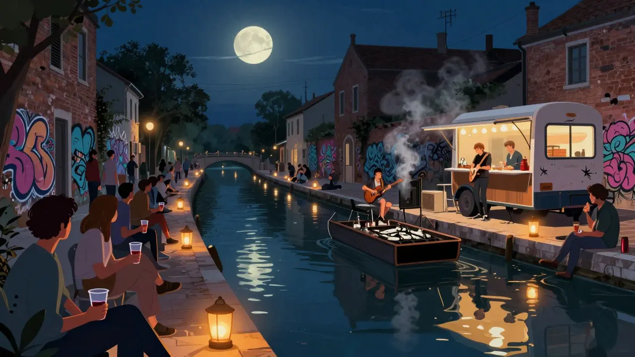 Crowds relaxing by illuminated canals in Navigli with live music and food trucks at night.