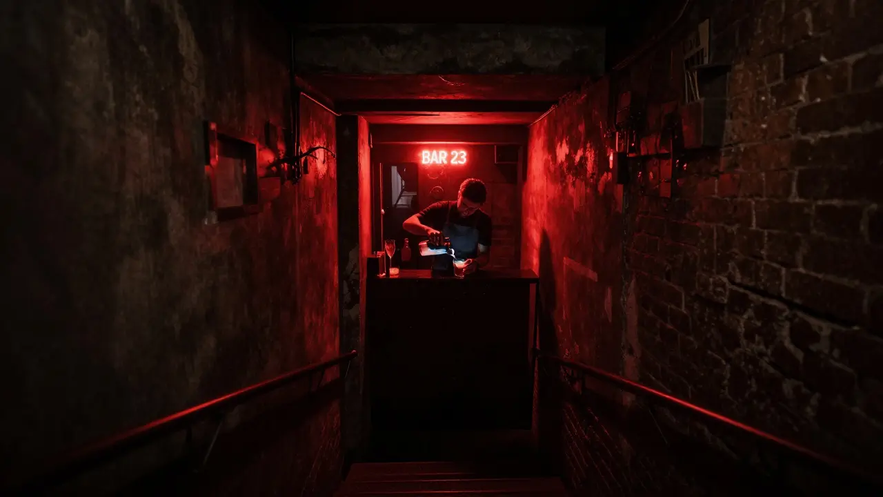 Dim underground club with red lighting, bartender pouring drink in a narrow staircase setting, no signs or text.