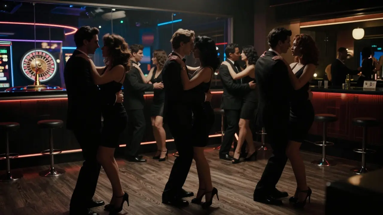 Dimly lit nightclub with elegant figures dancing, roulette wheel visible through glass, neon accents casting subtle glow.