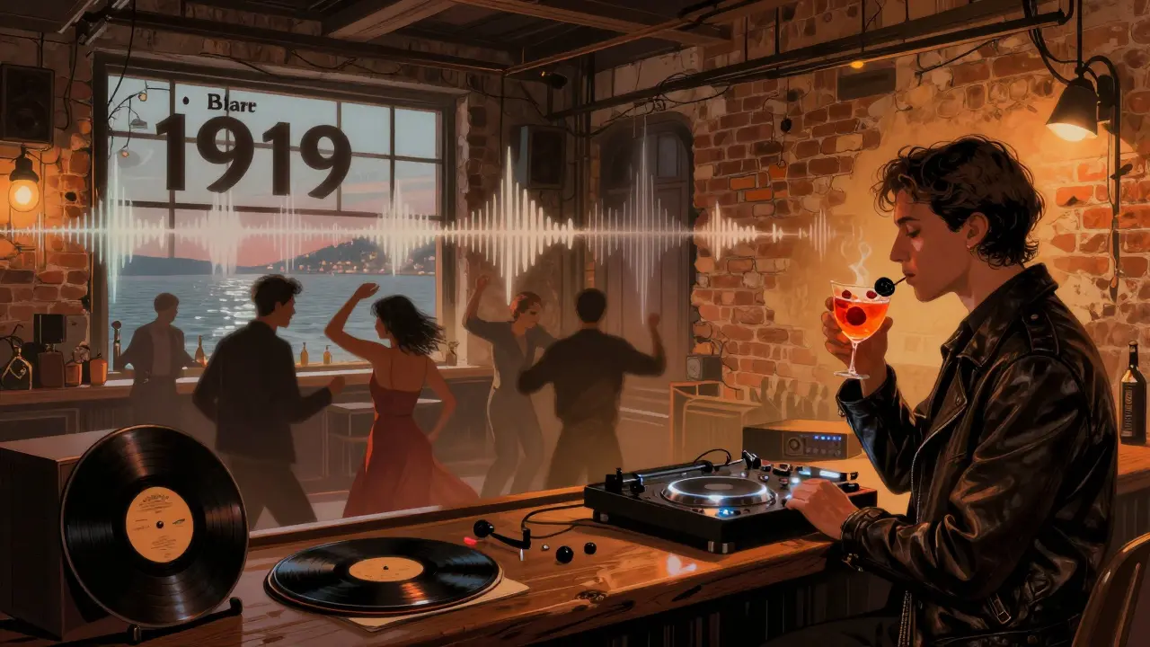 Dimly lit warehouse bar with dancers moving to techno, a cocktail in hand, and the Bosphorus visible through a window.