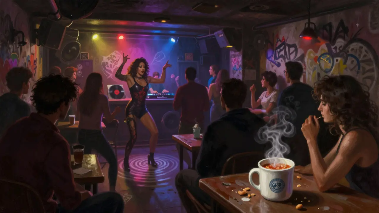 Diverse crowd dancing in an underground club in Porta Venezia with vibrant lights and graffiti walls.